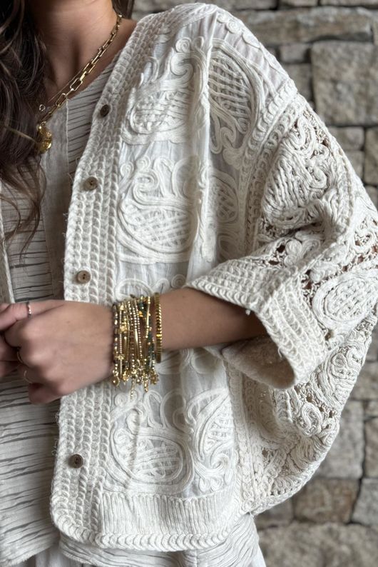 Benito Crochet Cotton Carmen Cardigan Stone